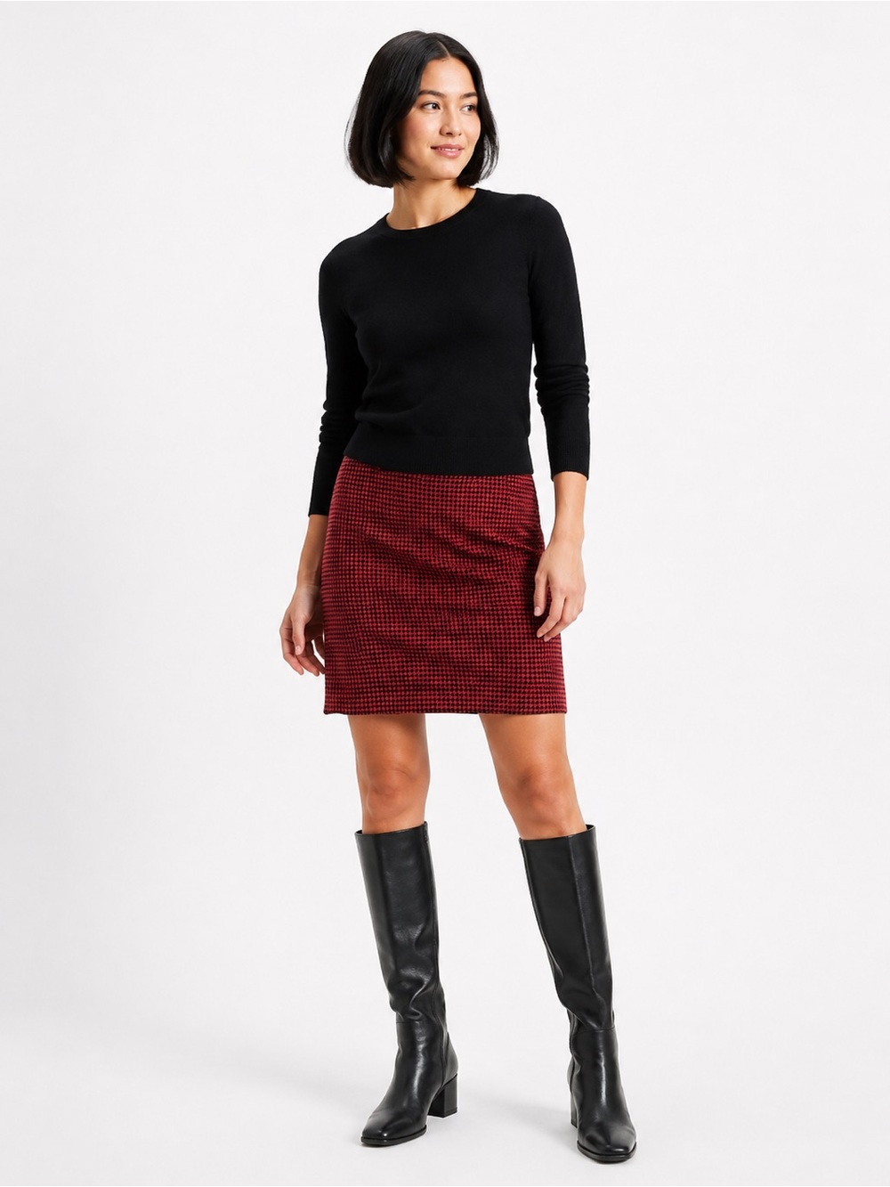 L.L.Bean Favorite Fit Velvet Houndstooth Pencil Skirt Pink Black 6 Petite